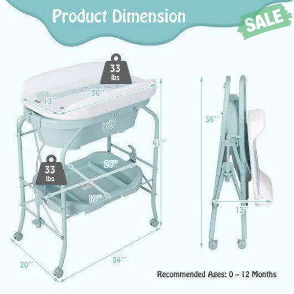Folding Baby Changing Table with Bathtub and 4 Universal Wheels-Blue