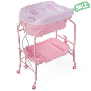 Folding Baby Changing Table with Bathtub and 4 Universal Wheels-Pink