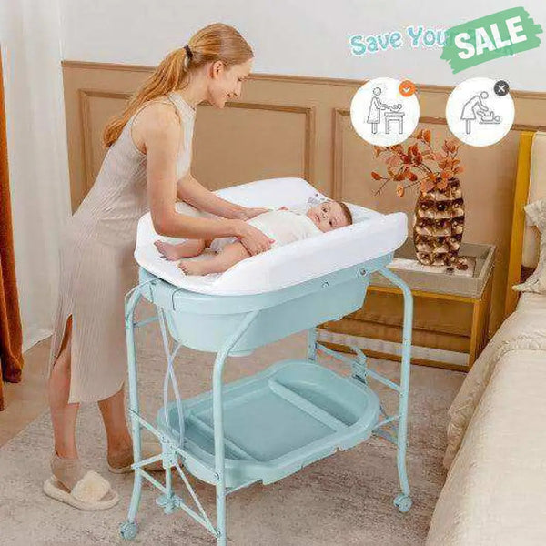 Folding Baby Changing Table with Bathtub and 4 Universal Wheels-Blue