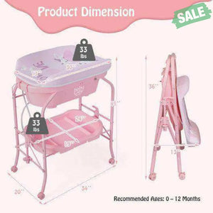 Folding Baby Changing Table with Bathtub and 4 Universal Wheels-Pink