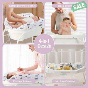 Folding Baby Changing Table with Bathtub and 4 Universal Wheels-White