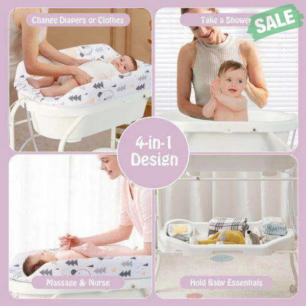 Folding Baby Changing Table with Bathtub and 4 Universal Wheels-White