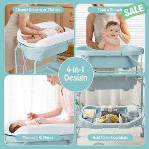 Folding Baby Changing Table with Bathtub and 4 Universal Wheels-Blue