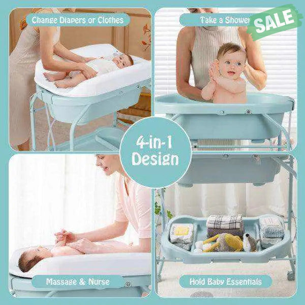 Folding Baby Changing Table with Bathtub and 4 Universal Wheels-Blue