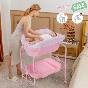 Folding Baby Changing Table with Bathtub and 4 Universal Wheels-Pink