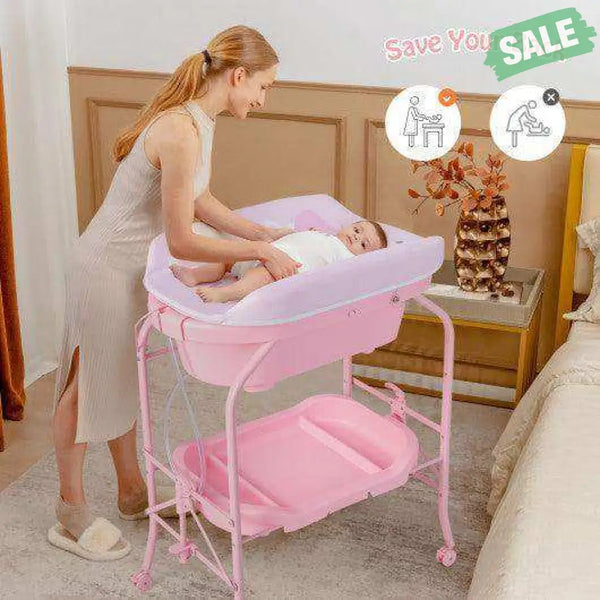 Folding Baby Changing Table with Bathtub and 4 Universal Wheels-Pink