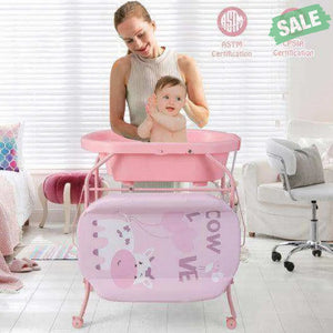 Folding Baby Changing Table with Bathtub and 4 Universal Wheels-Pink