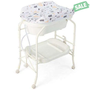 Folding Baby Changing Table with Bathtub and 4 Universal Wheels-White