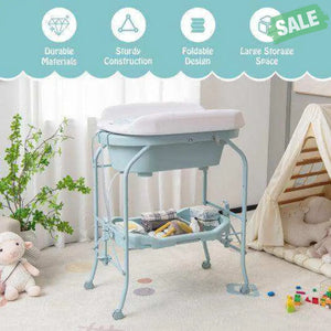 Folding Baby Changing Table with Bathtub and 4 Universal Wheels-Blue