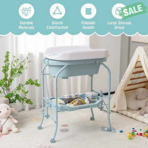 Folding Baby Changing Table with Bathtub and 4 Universal Wheels-Blue