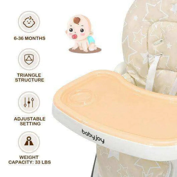 Folding Baby High Dining Chair with 6-Level Height Adjustment-Beige High Chairs