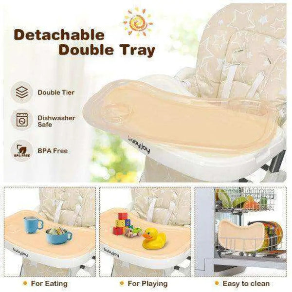 Folding Baby High Dining Chair with 6-Level Height Adjustment-Beige Beige High Chairs