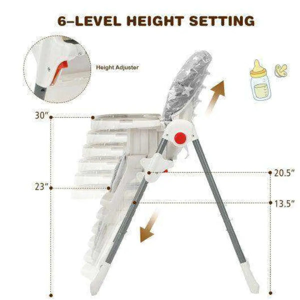 Folding Baby High Dining Chair with 6-Level Height Adjustment-Beige Gray High Chairs
