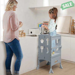 Folding Wooden Step Stool with Lockable Safety Rail for Toddler 3+-Coffee Coffee Toddler & Kids Furniture