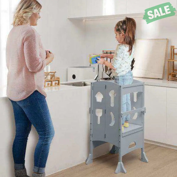 Folding Wooden Step Stool with Lockable Safety Rail for Toddler 3+-Coffee Coffee Toddler & Kids Furniture