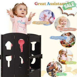 Folding Wooden Step Stool with Lockable Safety Rail for Toddler 3+-Coffee Coffee Toddler & Kids Furniture