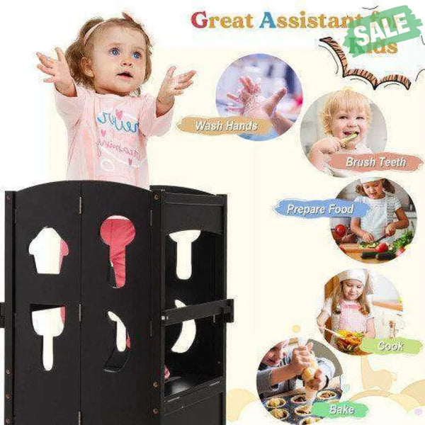 Folding Wooden Step Stool with Lockable Safety Rail for Toddler 3+-Coffee Coffee Toddler & Kids Furniture