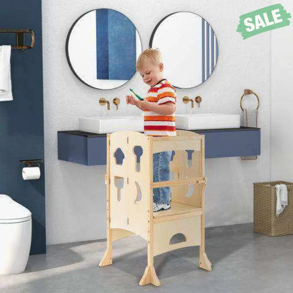 Folding Wooden Step Stool with Lockable Safety Rail for Toddler 3+-Coffee Coffee Toddler & Kids Furniture