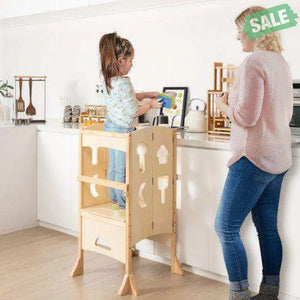 Folding Wooden Step Stool with Lockable Safety Rail for Toddler 3+-Coffee Coffee Toddler & Kids Furniture