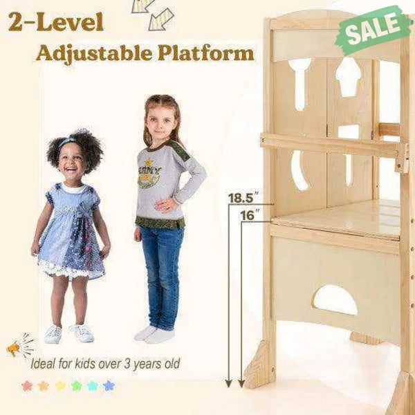 Folding Wooden Step Stool with Lockable Safety Rail for Toddler 3+-Coffee Coffee Toddler & Kids Furniture