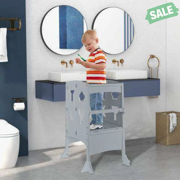 Folding Wooden Step Stool with Lockable Safety Rail for Toddler 3+-Coffee Coffee Toddler & Kids Furniture