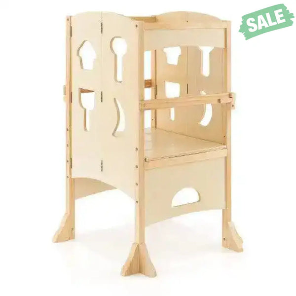 Folding Wooden Step Stool with Lockable Safety Rail for Toddler 3+-Coffee Coffee Toddler & Kids Furniture