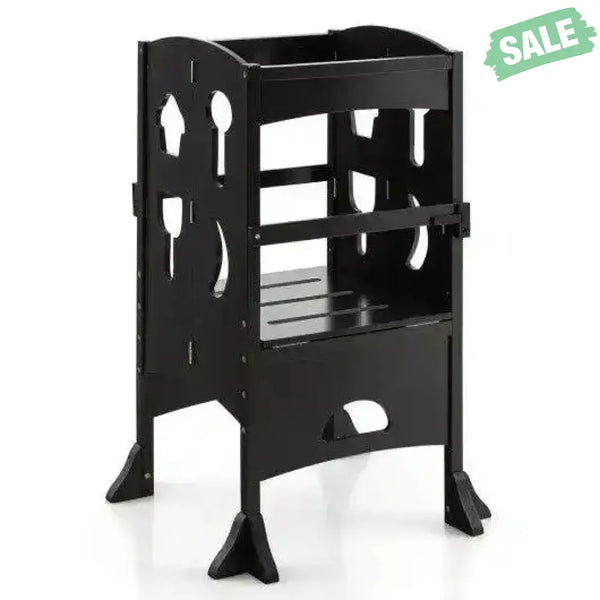 Folding Wooden Step Stool with Lockable Safety Rail for Toddler 3+-Coffee Coffee Toddler & Kids Furniture