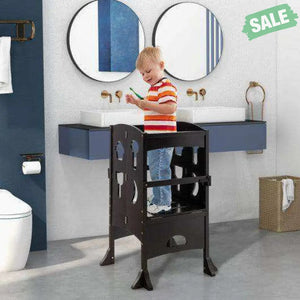 Folding Wooden Step Stool with Lockable Safety Rail for Toddler 3+-Coffee Coffee Toddler & Kids Furniture