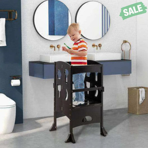 Folding Wooden Step Stool with Lockable Safety Rail for Toddler 3+-Coffee Coffee Toddler & Kids Furniture