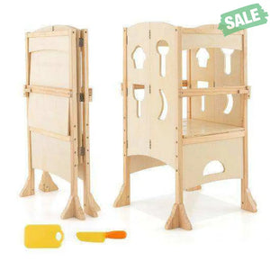 Folding Wooden Step Stool with Lockable Safety Rail for Toddler 3+-Coffee Coffee Toddler & Kids Furniture