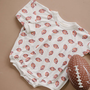 Little Joy Co Football Print Bamboo Bubble Romper with Optional Embroidery
