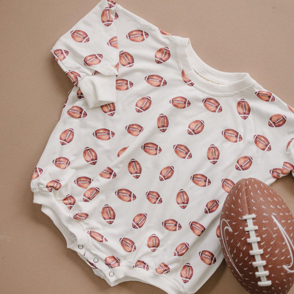 Little Joy Co Football Print Bamboo Bubble Romper with Optional Embroidery
