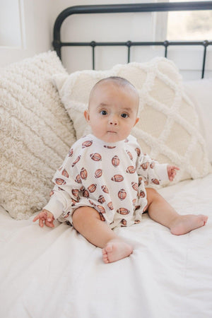 Little Joy Co Football Print Bamboo Bubble Romper with Optional Embroidery