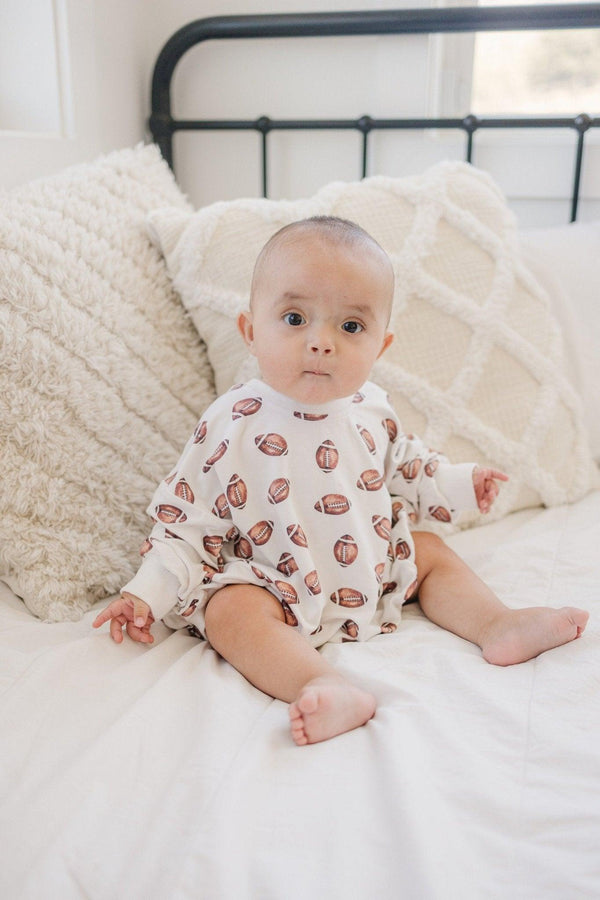 Little Joy Co Football Print Bamboo Bubble Romper with Optional Embroidery