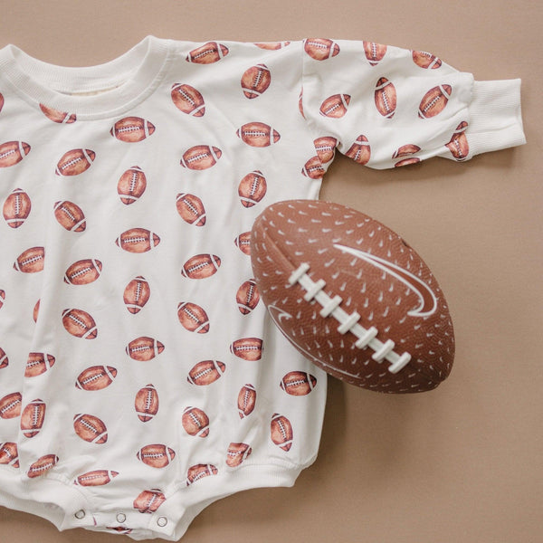Little Joy Co Football Print Bamboo Bubble Romper with Optional Embroidery