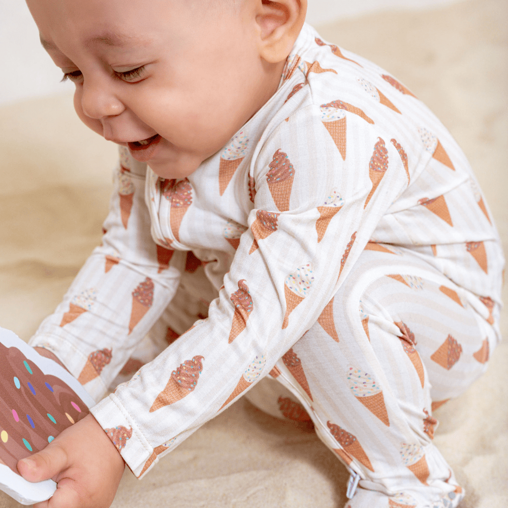 Footie zippered one piece in Sundae Fun Day design for babies, perfect for cozy sleep and play.