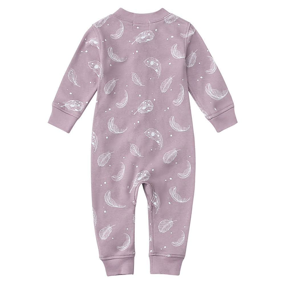 100% Organic Cotton Zip Footless Pajamas in Purple Feather for babies, soft and stylish sleepwear.