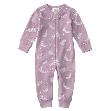 100% Organic Cotton Zip Footless Pajamas in Purple Feather for babies, soft and stylish sleepwear.