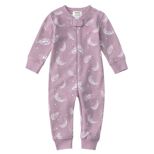 100% Organic Cotton Zip Footless Pajamas in Purple Feather for babies, soft and stylish sleepwear.
