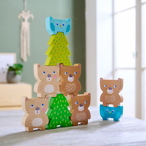 Colorful Forest Friends Stacking Toy for babies, showcasing playful animal designs from an angled perspective.