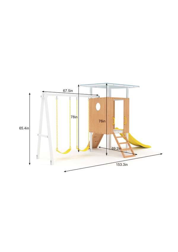 Compact wooden toddler swing set for outdoor play, perfect for babies and kids in a forest setting.