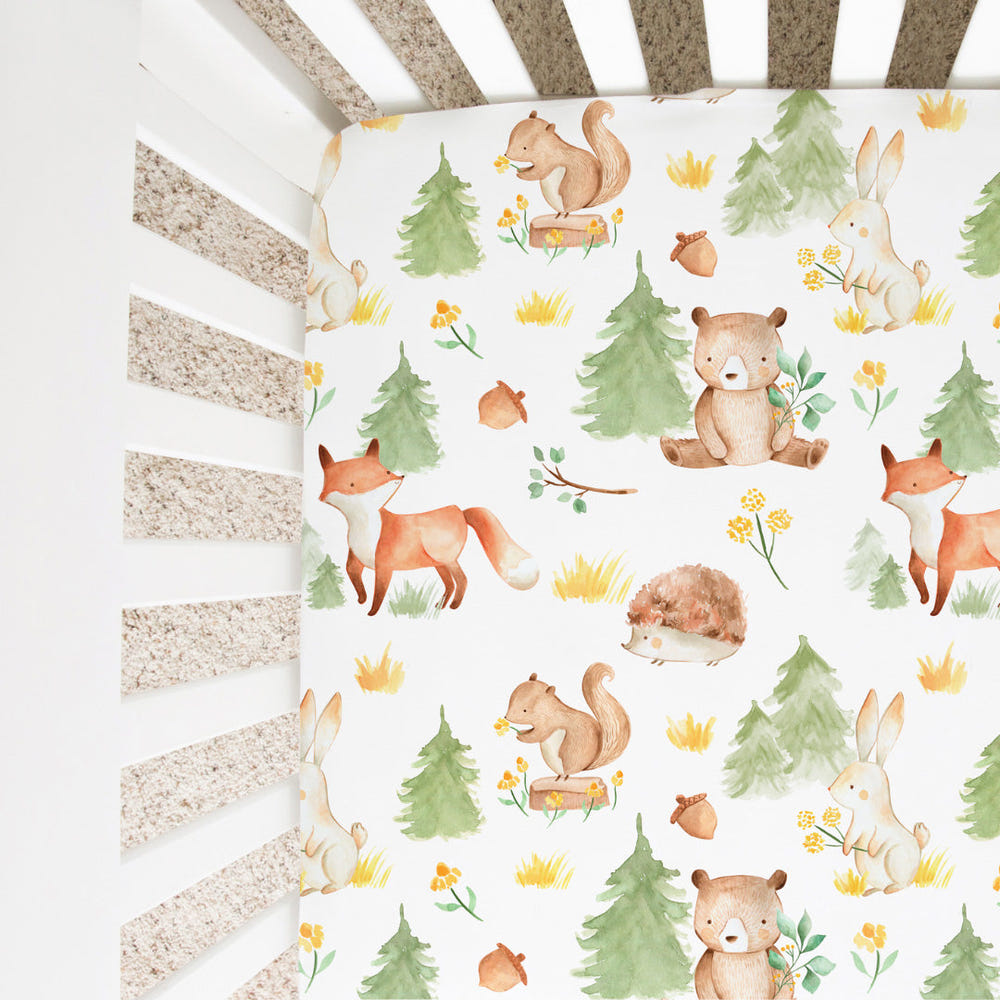 Forest Friends Fitted Crib Sheet featuring adorable woodland animal designs for a cozy nursery.