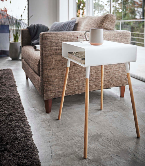 Tall steel and wood storage table (23" H) for baby essentials - stylish end and side table.