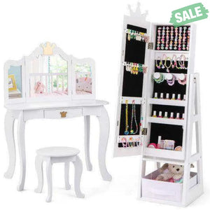 Free-Standing Full Length Kids Jewelry Armoire Cabinet with Storage Capacity-Pink Pink Kids Vanities