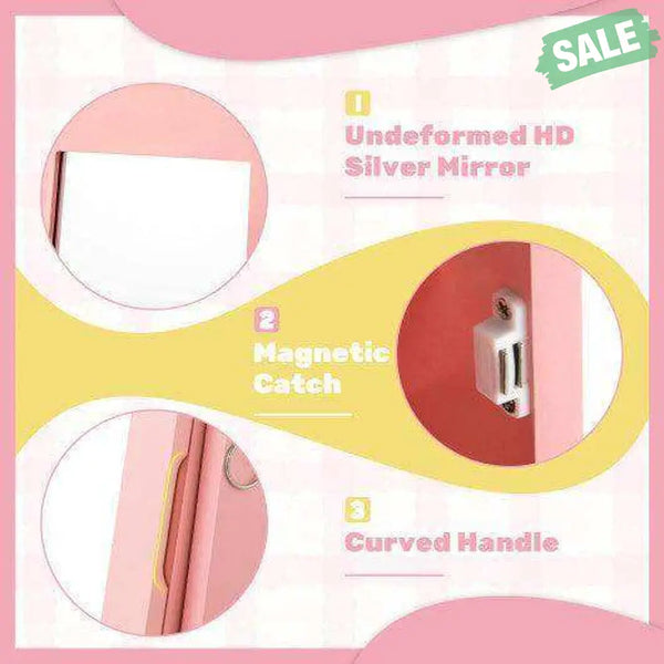 Free-Standing Full Length Kids Jewelry Armoire Cabinet with Storage Capacity-Pink Pink Kids Vanities