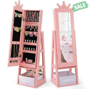 Free-Standing Full Length Kids Jewelry Armoire Cabinet with Storage Capacity-Pink Pink Kids Vanities