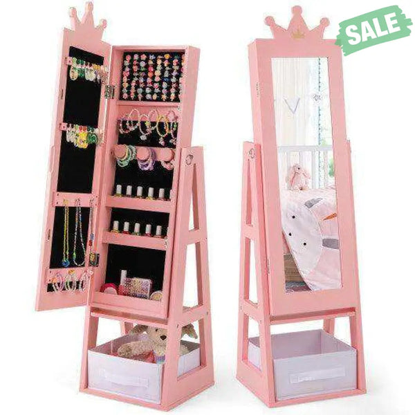 Free-Standing Full Length Kids Jewelry Armoire Cabinet with Storage Capacity-Pink Pink Kids Vanities
