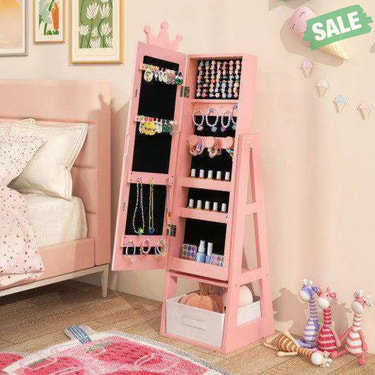 Free-Standing Full Length Kids Jewelry Armoire Cabinet with Storage Capacity-Pink Pink Kids Vanities