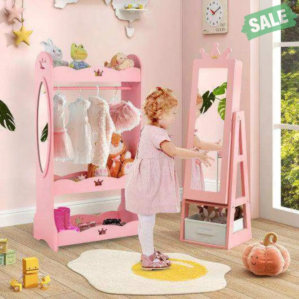 Free-Standing Full Length Kids Jewelry Armoire Cabinet with Storage Capacity-Pink Pink Kids Vanities