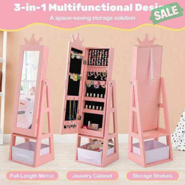Free-Standing Full Length Kids Jewelry Armoire Cabinet with Storage Capacity-Pink Pink Kids Vanities